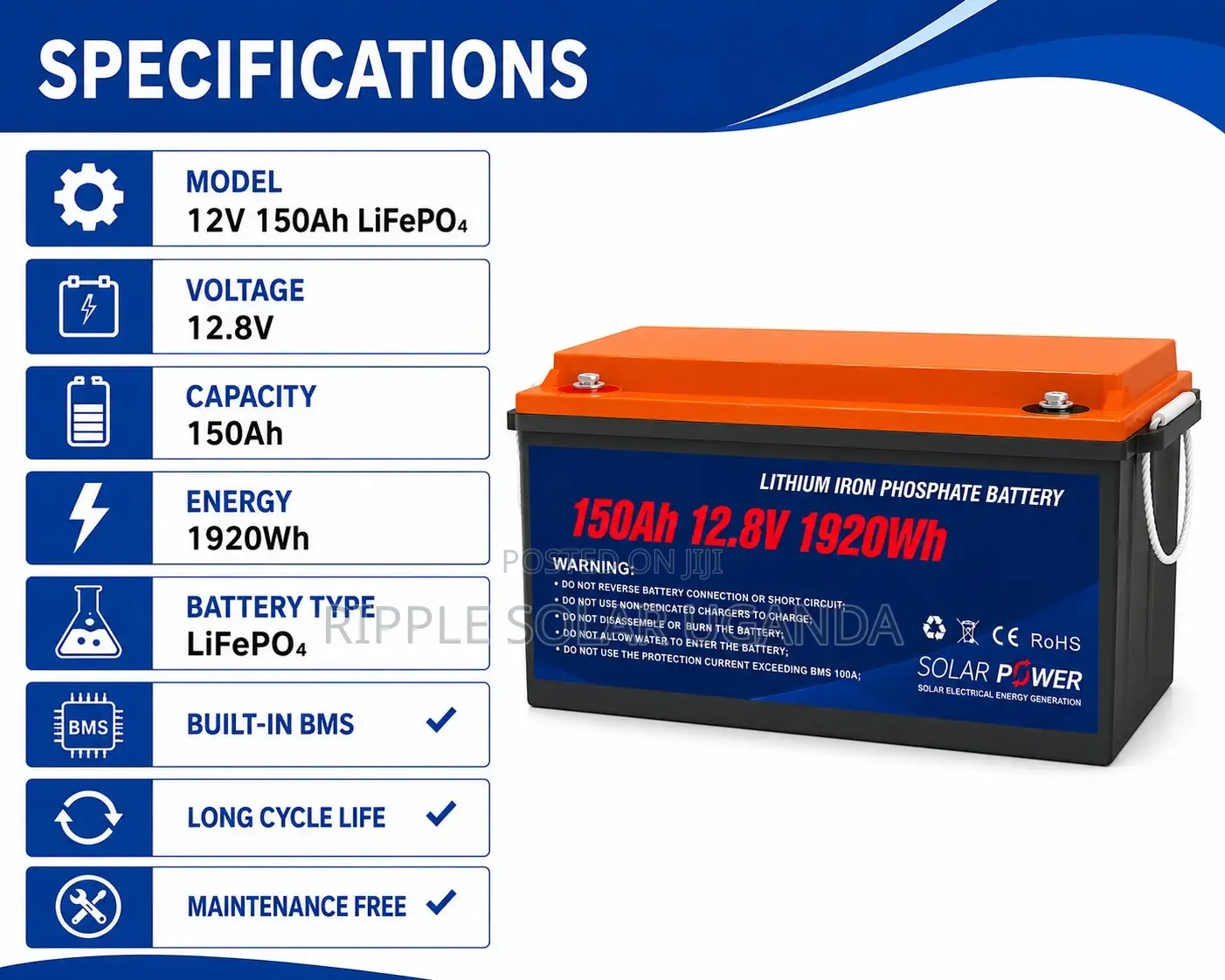 150Ah LiFePO4 Lithium Battery 1920Wh Solar Backup Battery 12V
