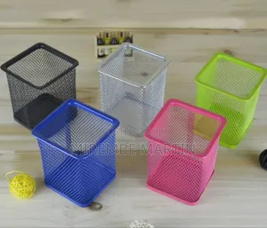 Metal Pen Pot Square Mesh Pencil Holder Container