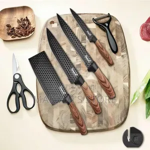 7-Piece Kitchen Knife Set With Textured Black Blades and Wood-Grain