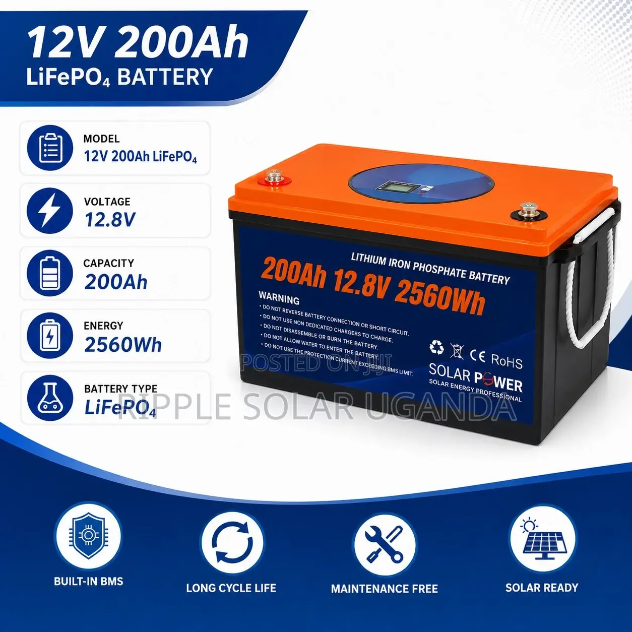 200Ah LiFePO4 Lithium Battery 2560Wh Solar Backup Battery 12V