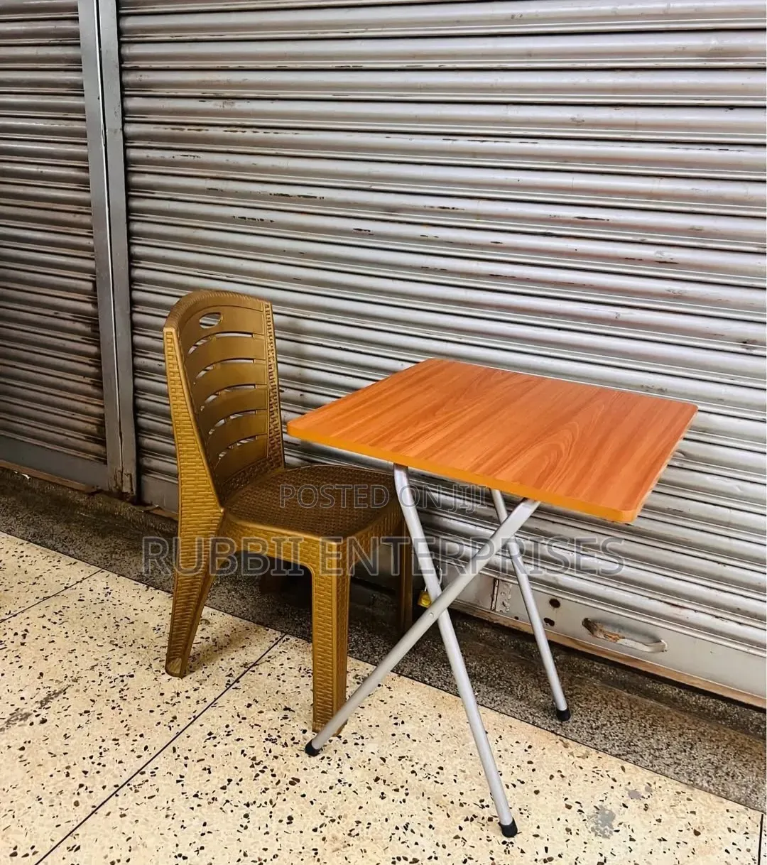 1 Folding Wooden Table + 1 Plastic Rattan Chair