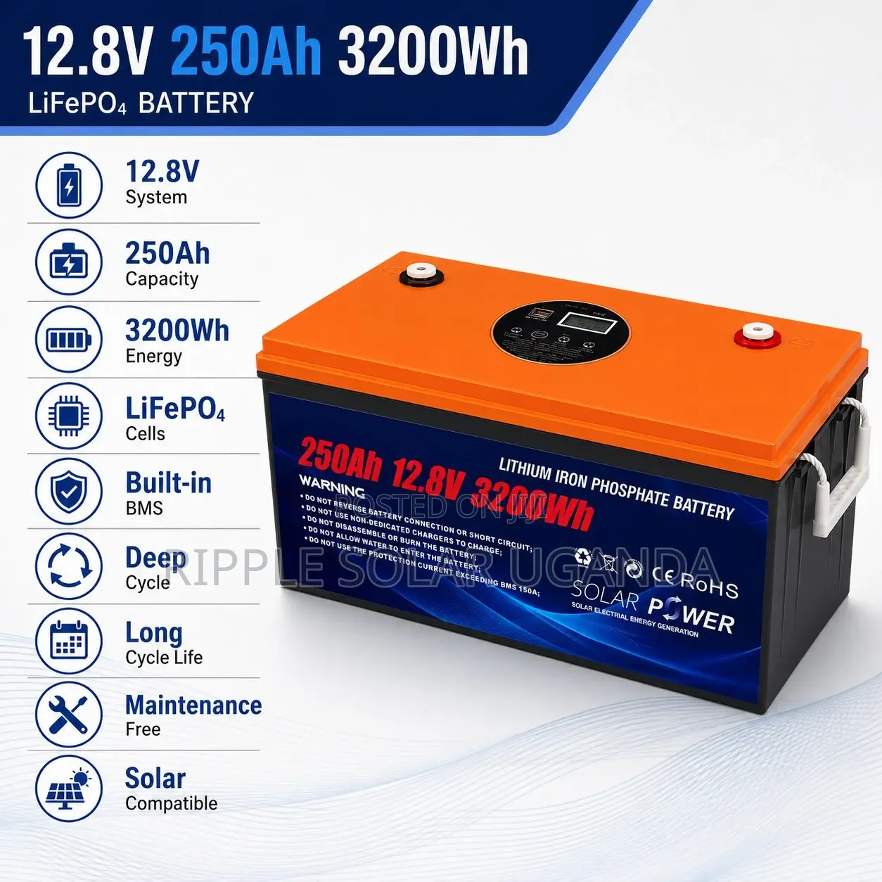 250Ah LiFePO4 Lithium Battery 3200Wh Solar Backup Battery 12V