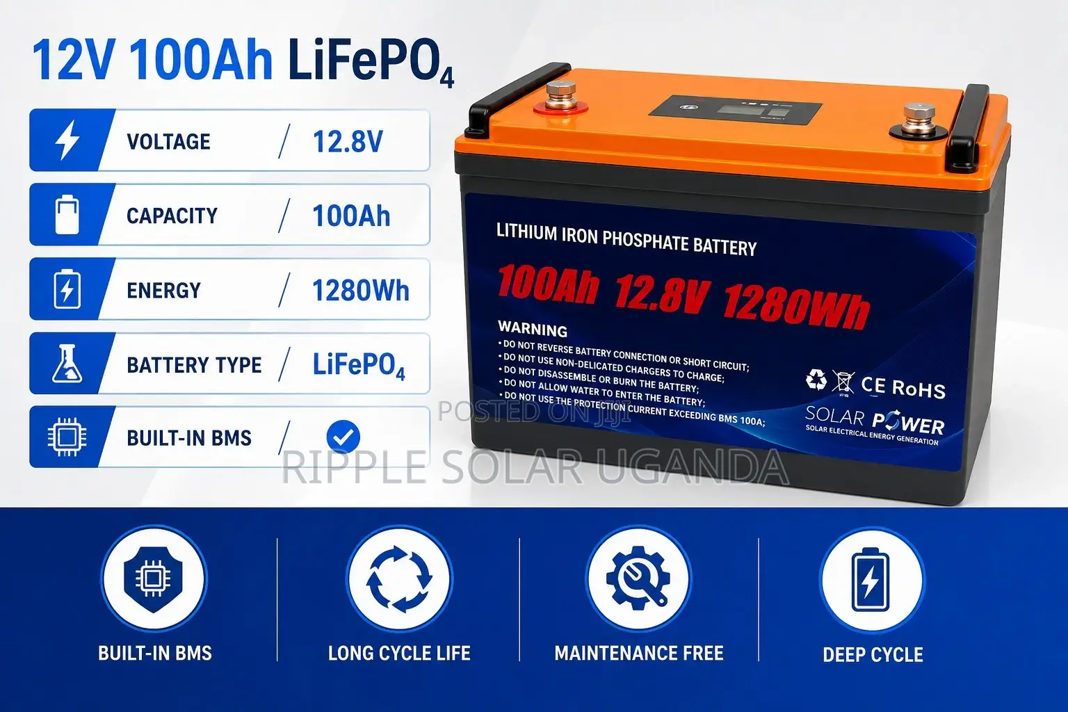 100Ah LiFePO4 Lithium Battery 1280Wh Solar Backup Battery 12V