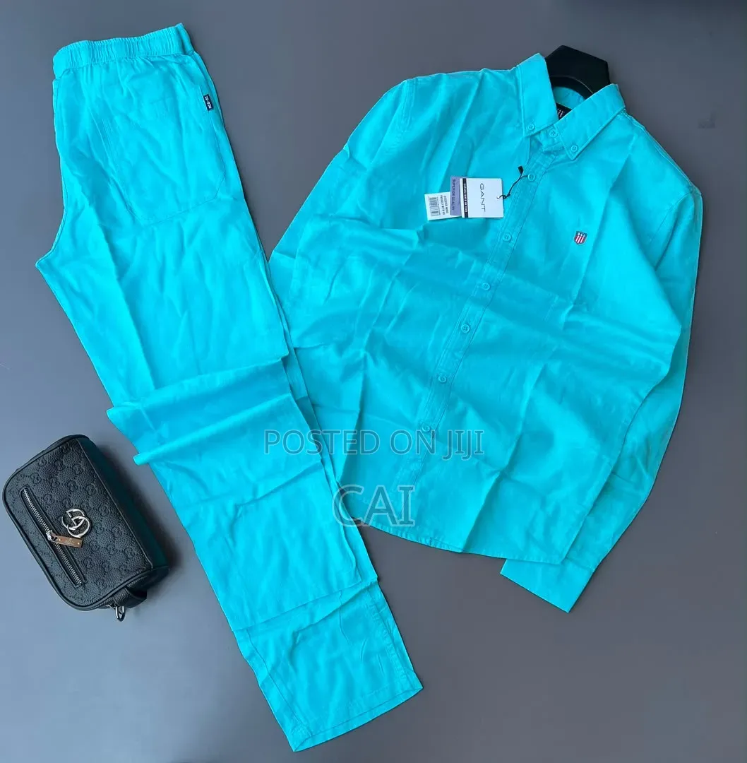 Linen Two-Piece Sets. White, Black, and Turquoise.