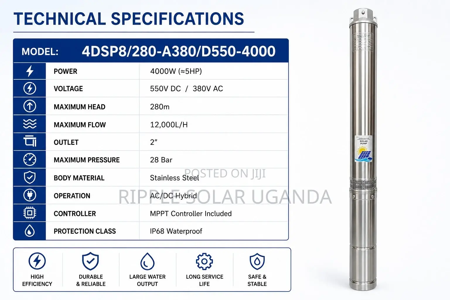 4000w Solar Borehole Water Pump 280m Head AC/Dc 12000l/H