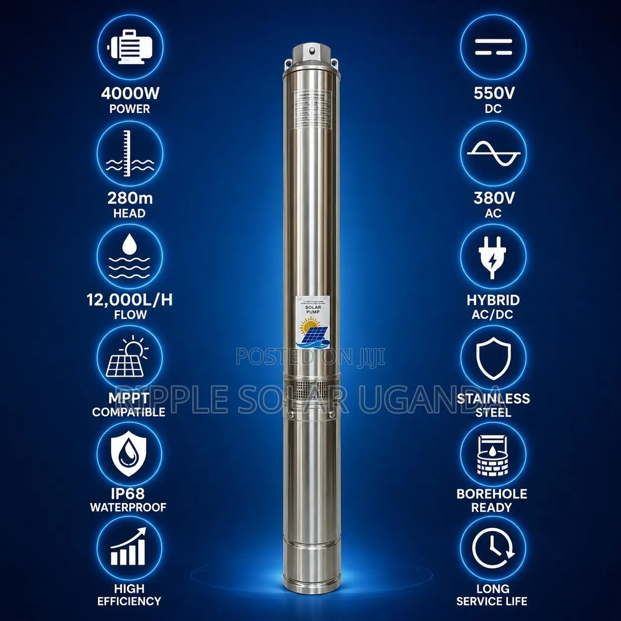 4000w Solar Borehole Water Pump 280m Head AC/Dc 12000l/H