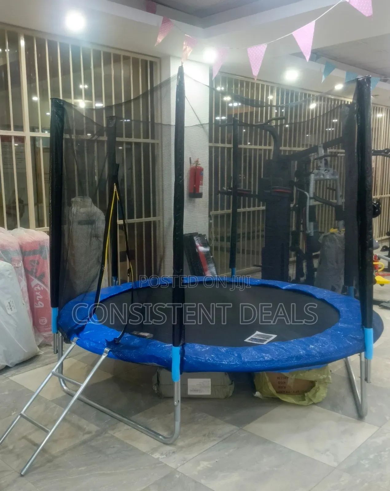 8ft Trampoline With Blue Safety Padding Cover and Black Enclosure Net