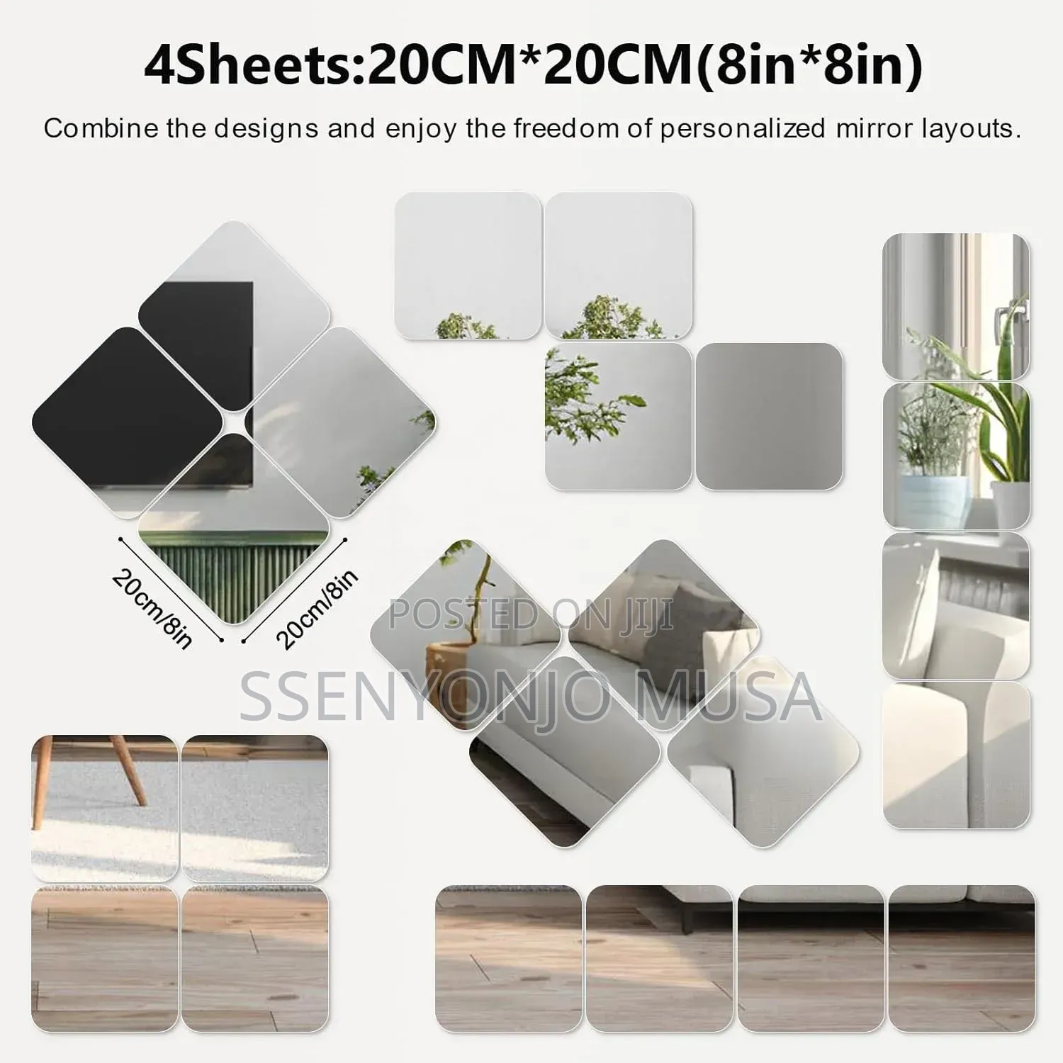 8PCS Self-Adhesive Acrylic Mirror Tiles 8" × 8" Frameless Wall Mirrors
