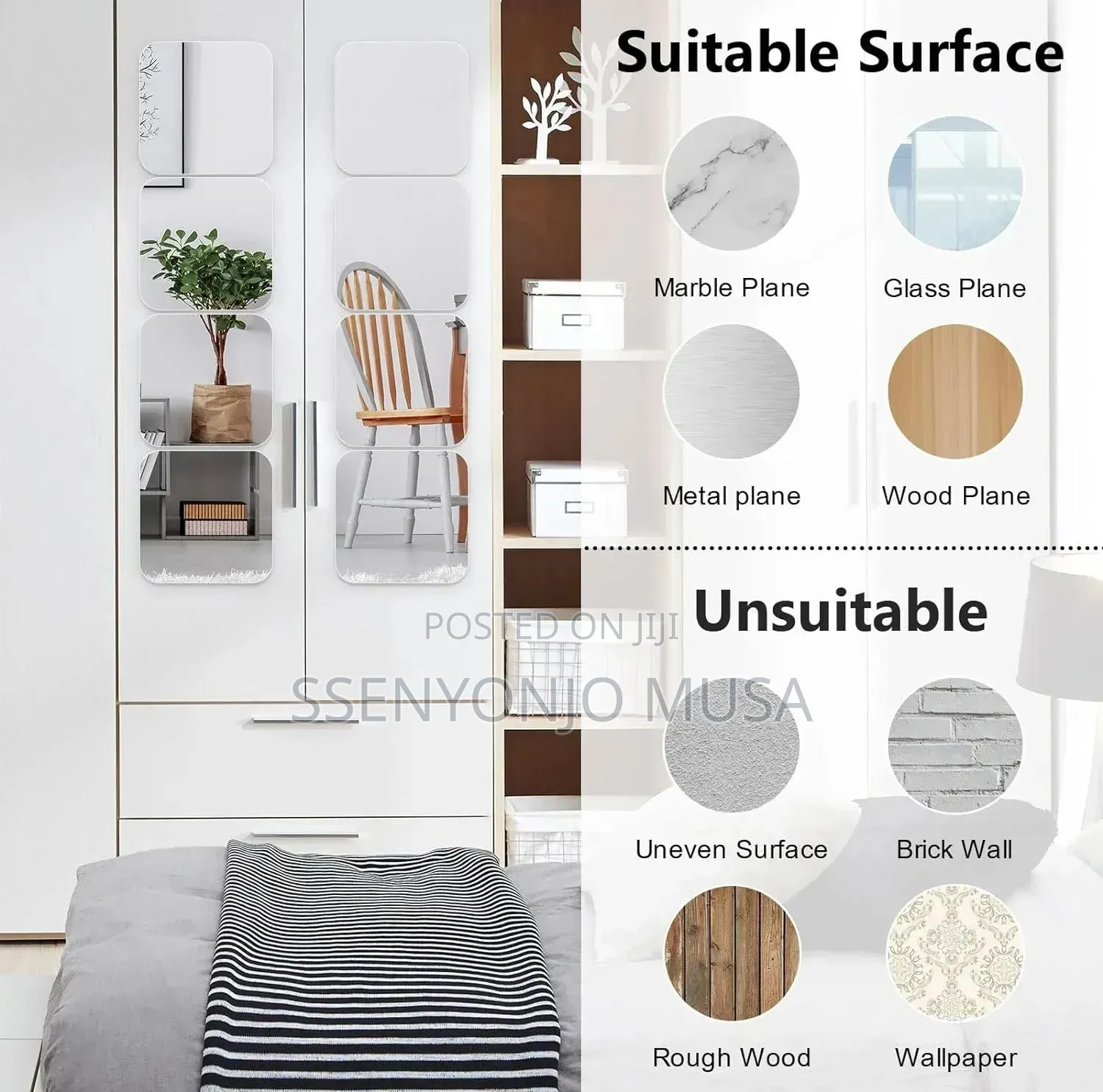 8PCS Self-Adhesive Acrylic Mirror Tiles 8" × 8" Frameless Wall Mirrors