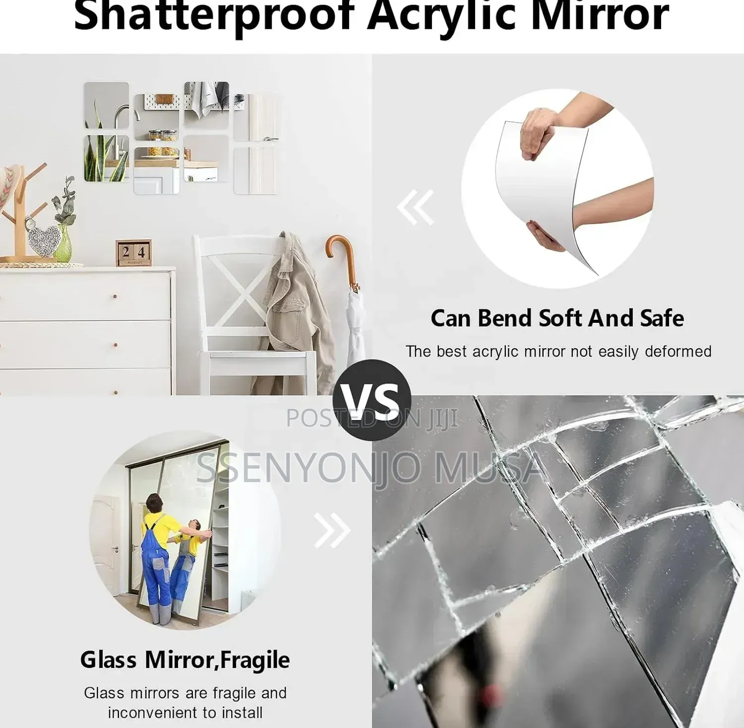 8PCS Self-Adhesive Acrylic Mirror Tiles 8" × 8" Frameless Wall Mirrors
