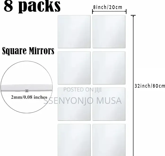 8PCS Self-Adhesive Acrylic Mirror Tiles 8" × 8" Frameless Wall Mirrors