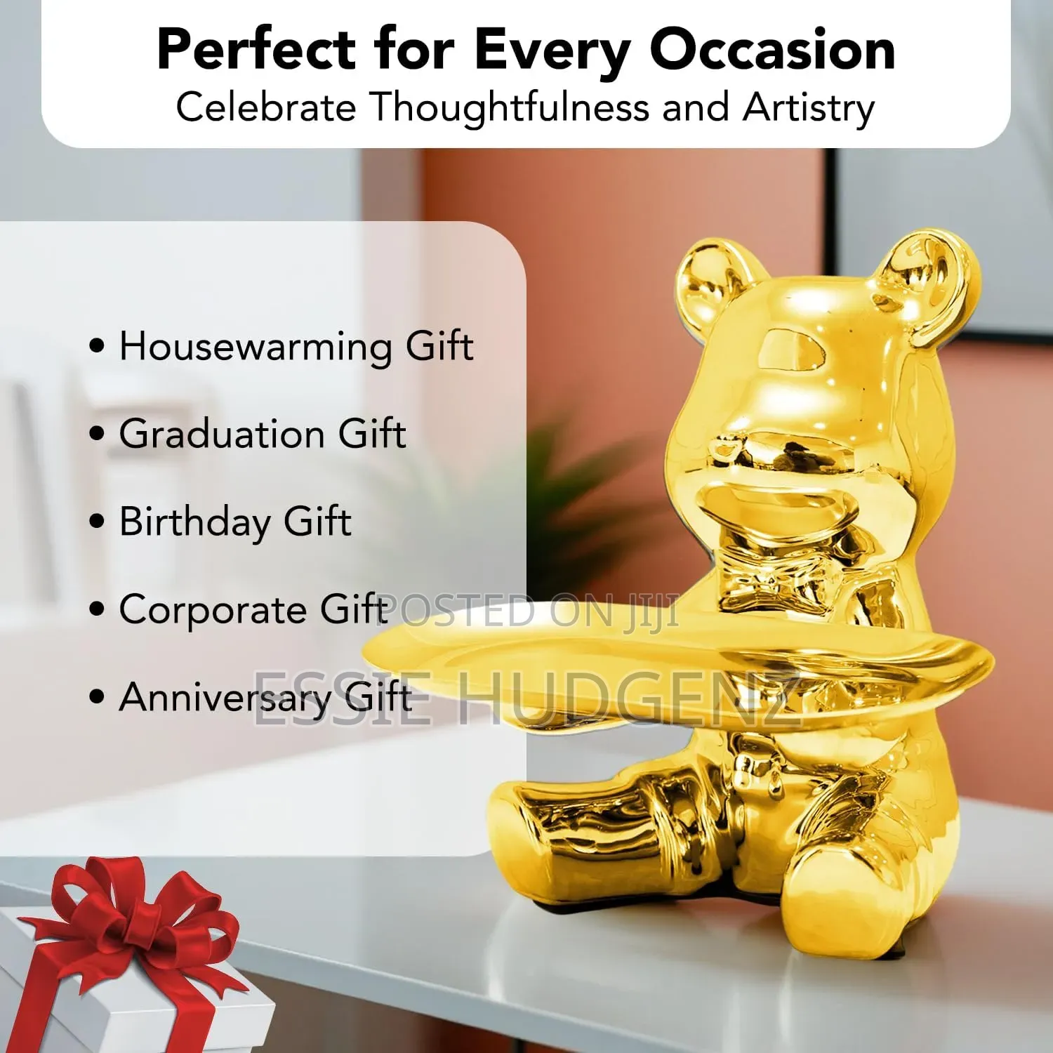Gold Bear Figurine Used as a Decorative Entryway Tray and Key Holder.