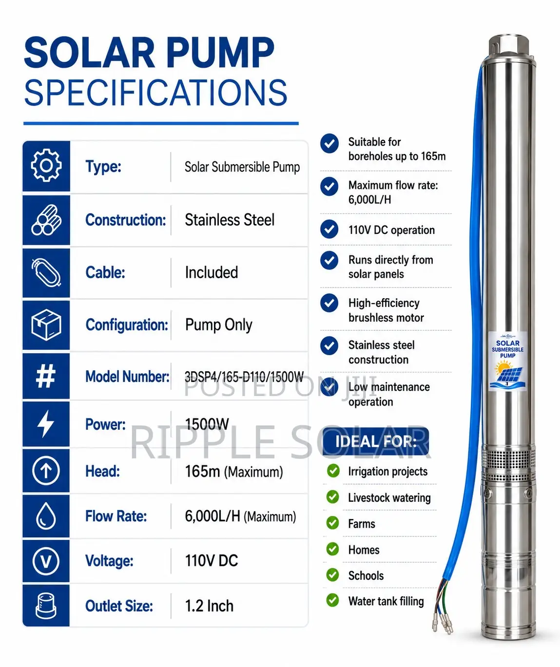 1500w Solar Borehole Water Pump 165m Head 110v 6000l/H