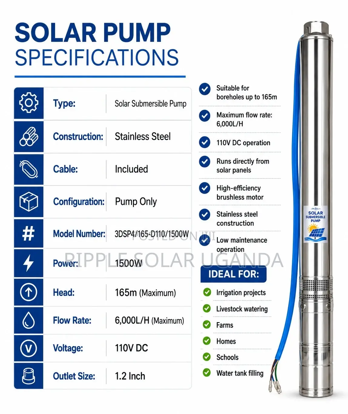 1500w Solar Borehole Water Pump 165m Head 110v 6000l/H