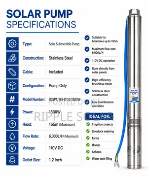 1500w Solar Borehole Water Pump 165m Head 110v 6000l/H