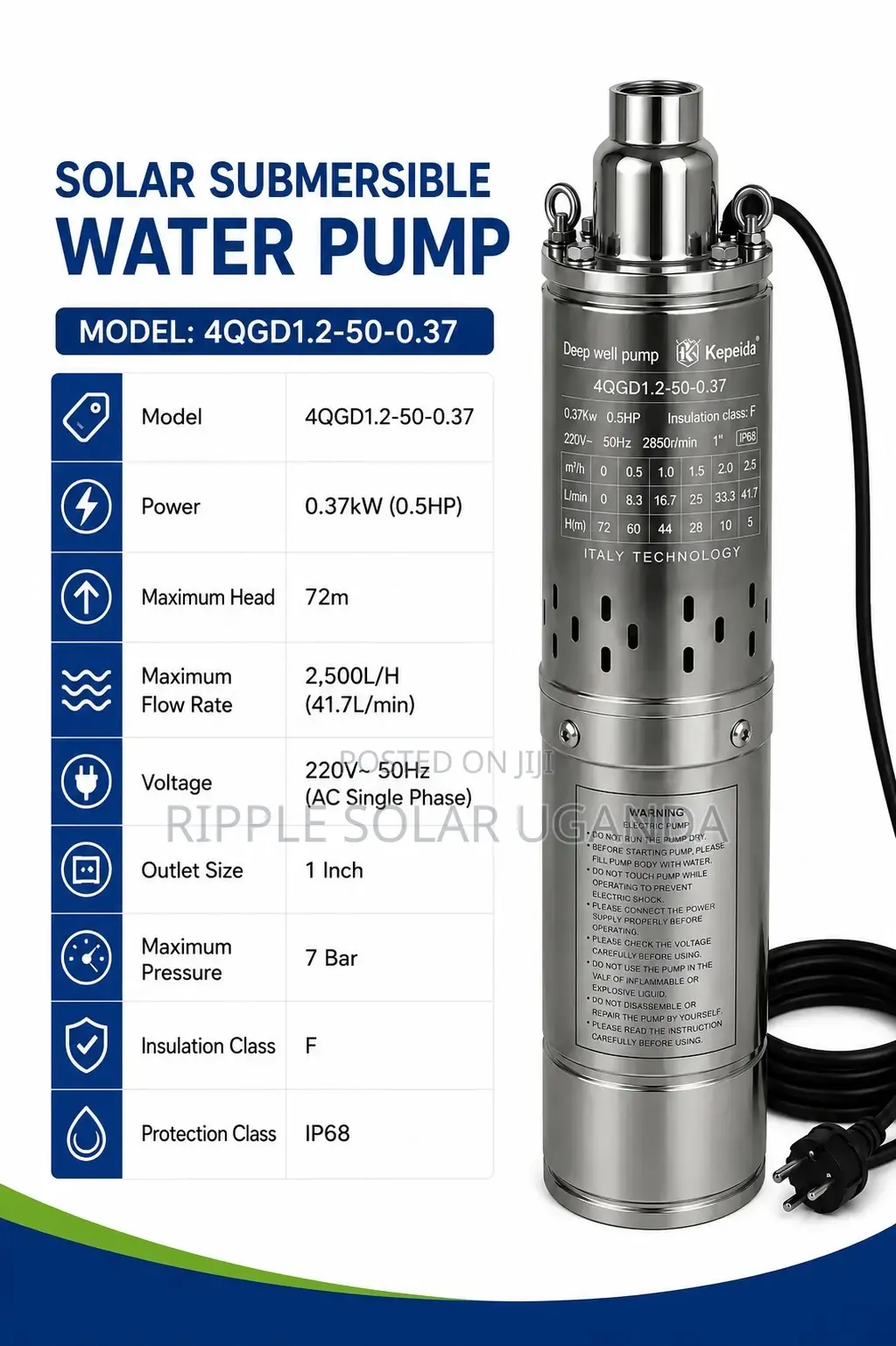370w AC Borehole Water Pump 80m Deep Well Submersible Pump