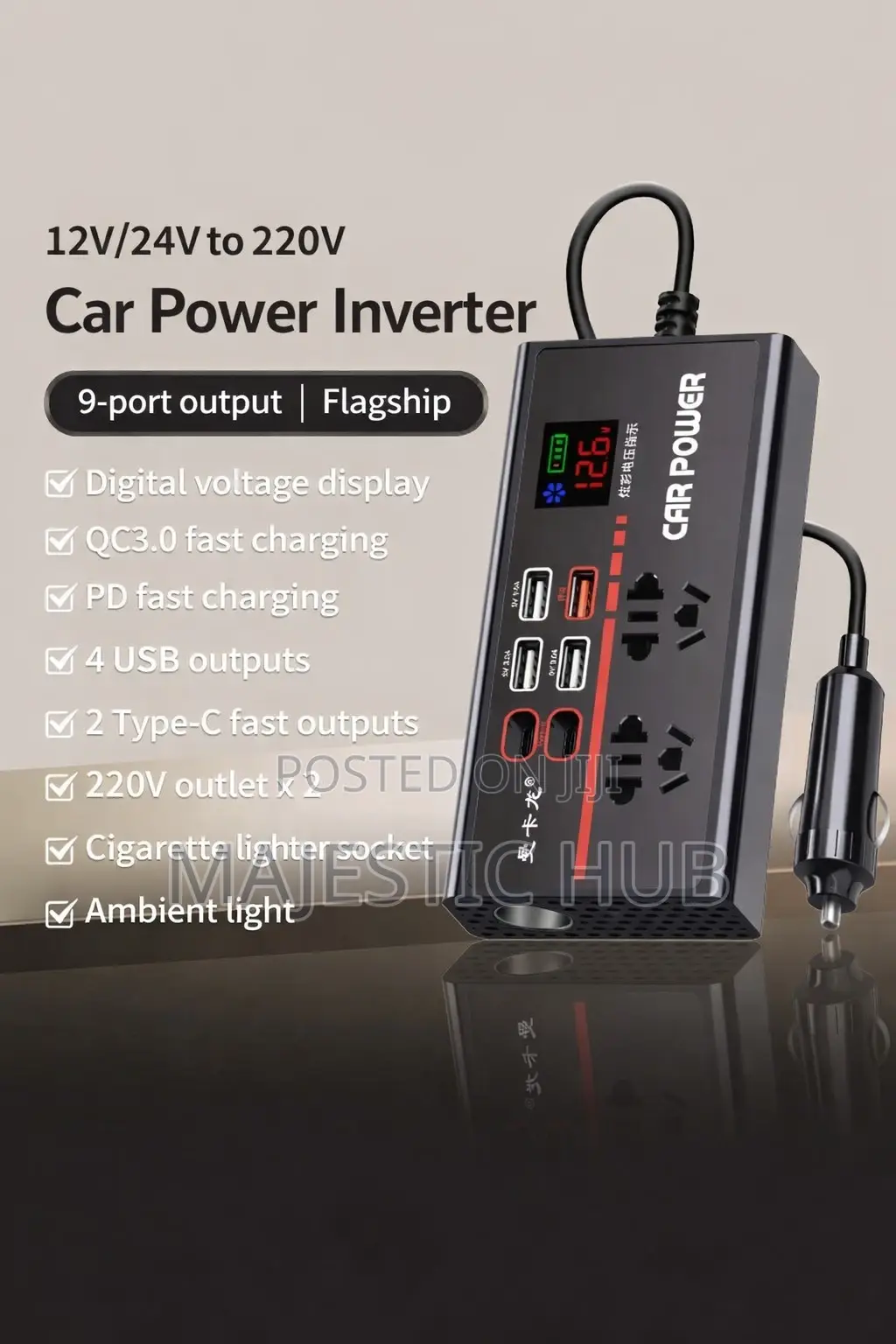 Car Power Inverter 12v/24v to 220V – 9-Port Car Charger