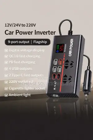 Car Power Inverter 12v/24v to 220V – 9-Port Car Charger