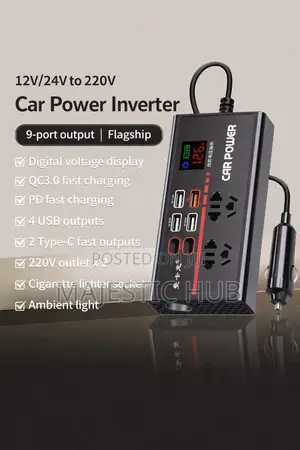 Car Power Inverter 12v/24v to 220V – 9-Port Car Charger