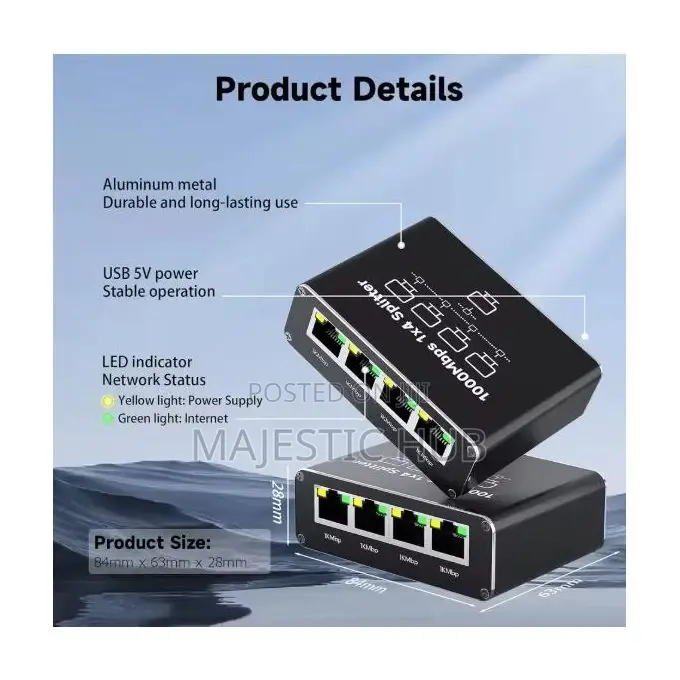 RJ45 Internet Splitter - 1 to 4 - 1000Mbps - Gigabit Ethernet Hub