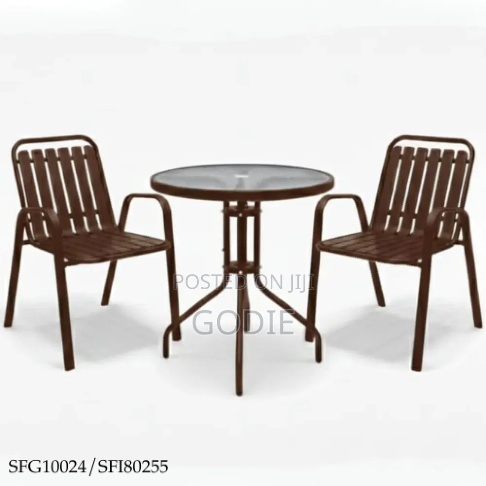 Two Stackable Metal Chairs and a Round Glass-Topped Table. [1, 2]