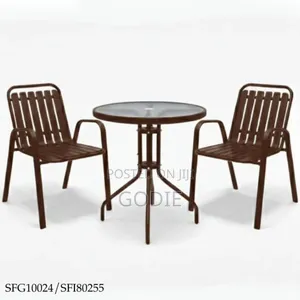 Two Stackable Metal Chairs and a Round Glass-Topped Table. [1, 2]