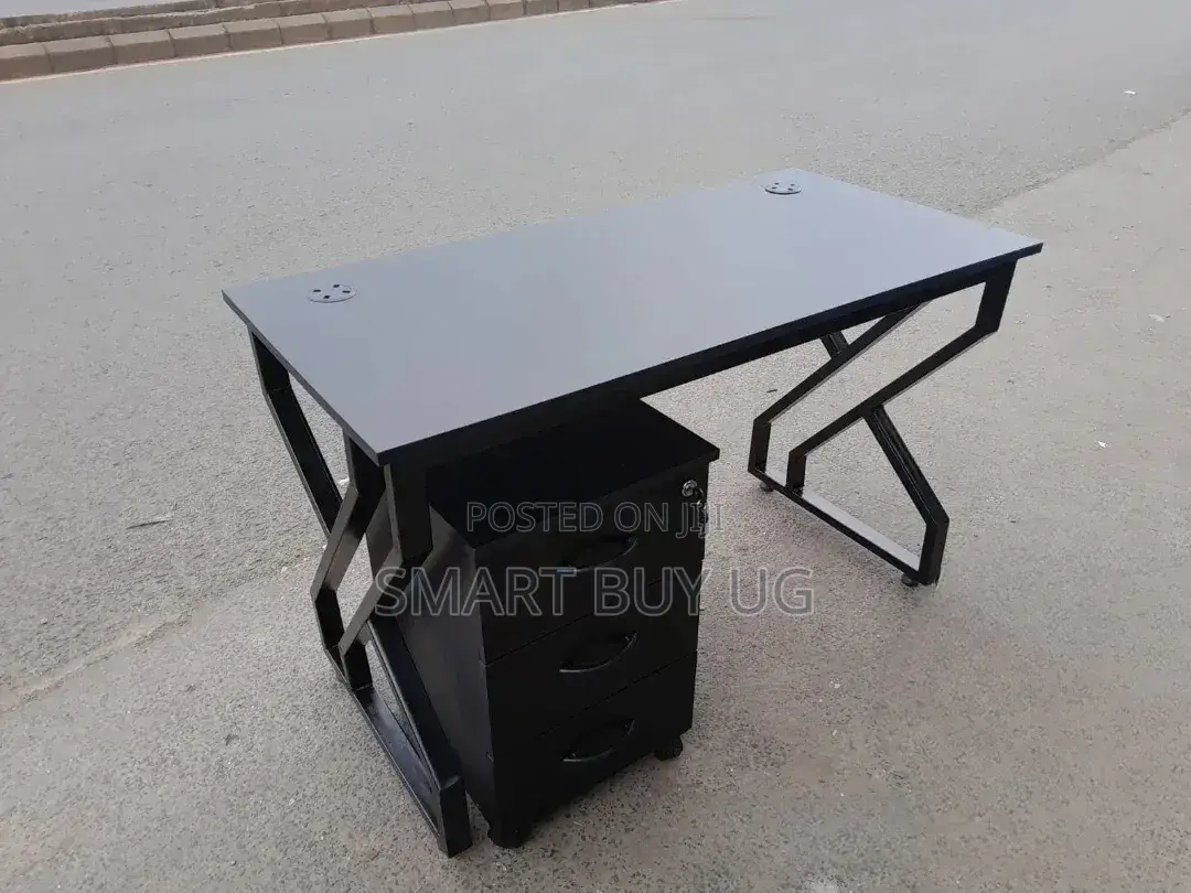 Black Wood Top Desk 120cm + X Metallic Base | Director Table
