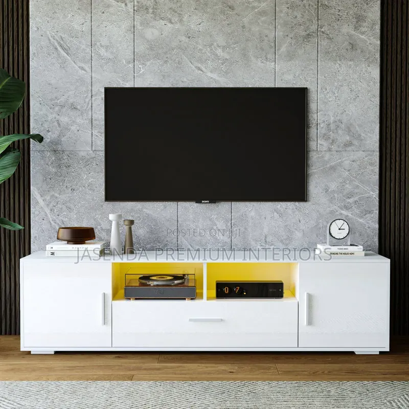 Wooden TV Stand White | TV Table With Lights