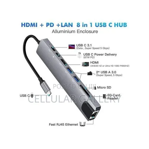 Type-C to HDTV 8 in 1 Rj45, Tf/Sd, Hdtv, USB*2,type-C, Pd
