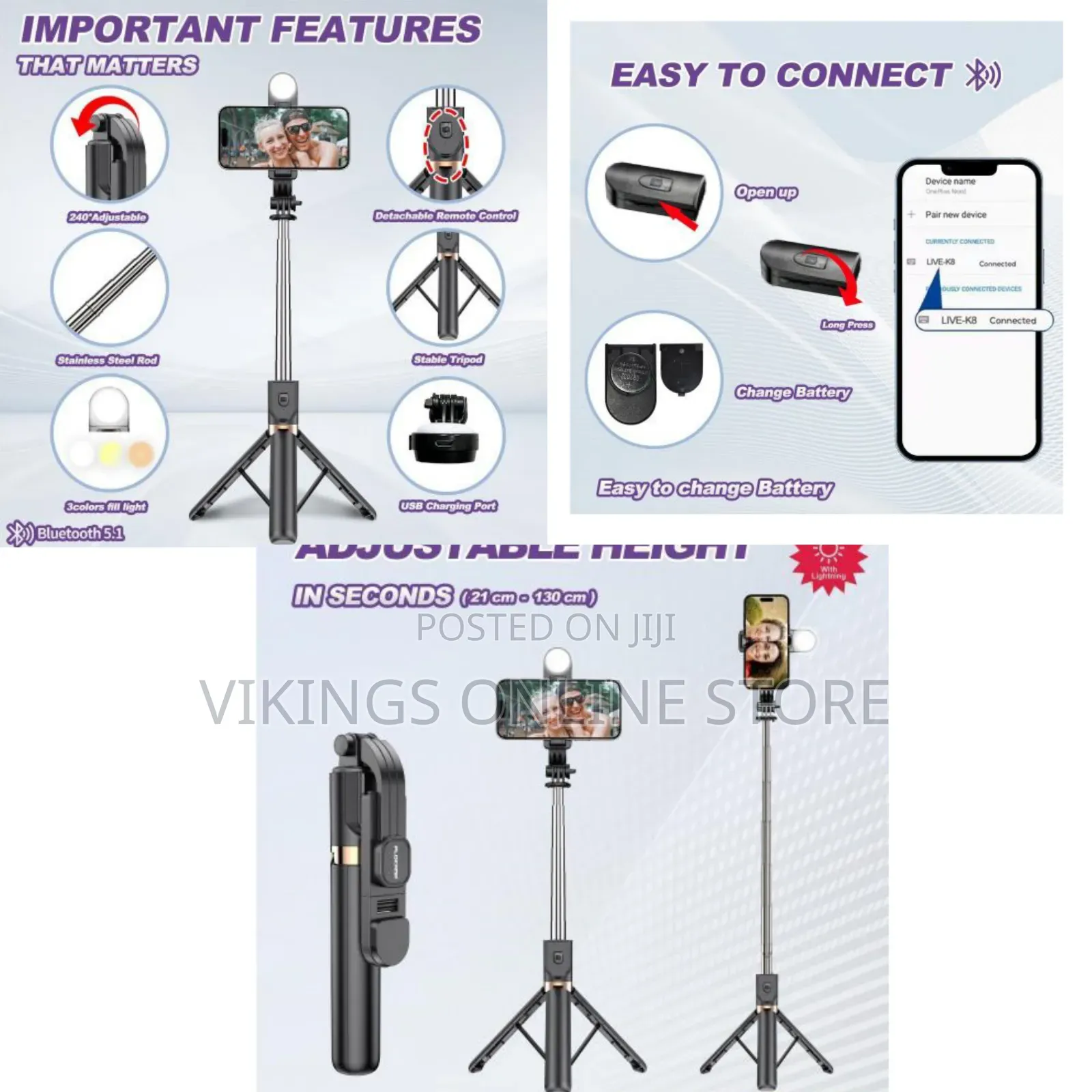PLOKAMA Live LED 4-in-1 Selfie Stick Wireless Tripod, Steel ABS