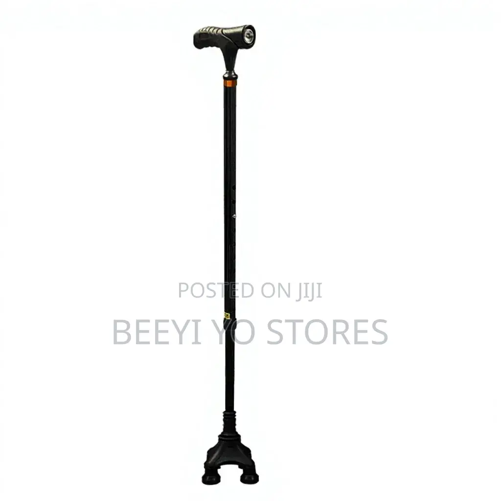 Quad-Base Adjustable Walking Cane With an Integrated LED Flashlight.