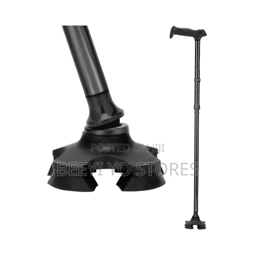 Quad-Base Adjustable Walking Cane With an Integrated LED Flashlight.