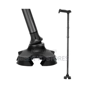 Quad-Base Adjustable Walking Cane With an Integrated LED Flashlight.