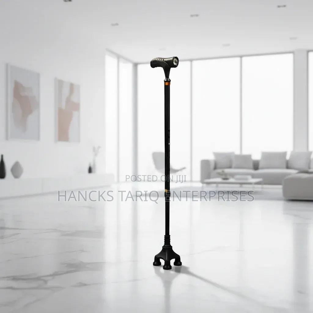 Quad-Base Adjustable Walking Cane With an Integrated LED Flashlight.