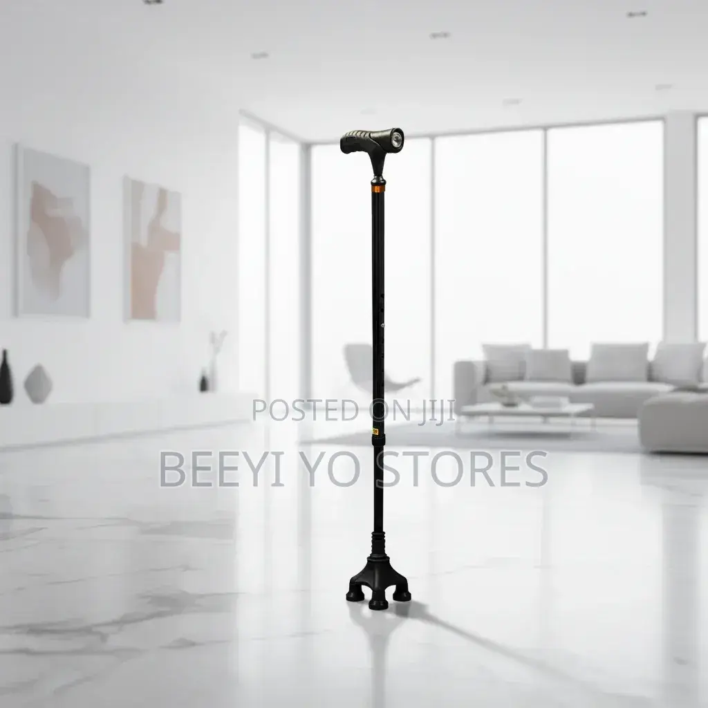 Quad-Base Adjustable Walking Cane With an Integrated LED Flashlight.