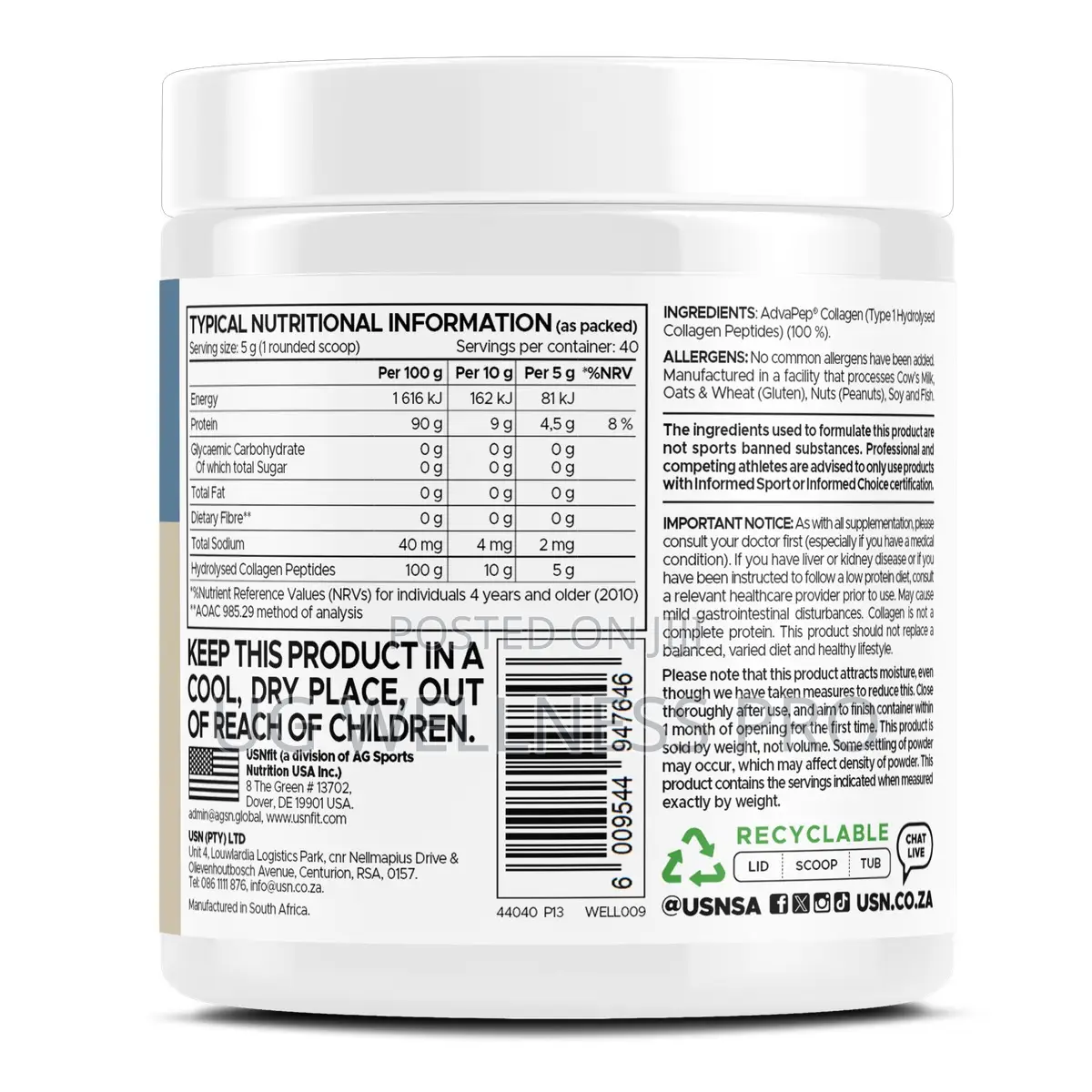 USN 100% Pure Collagen Powder 200g Unflavoured for Skin and Joints