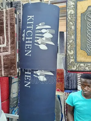 Kitchen Runner Rug Features White Cutlery Icons and Text.