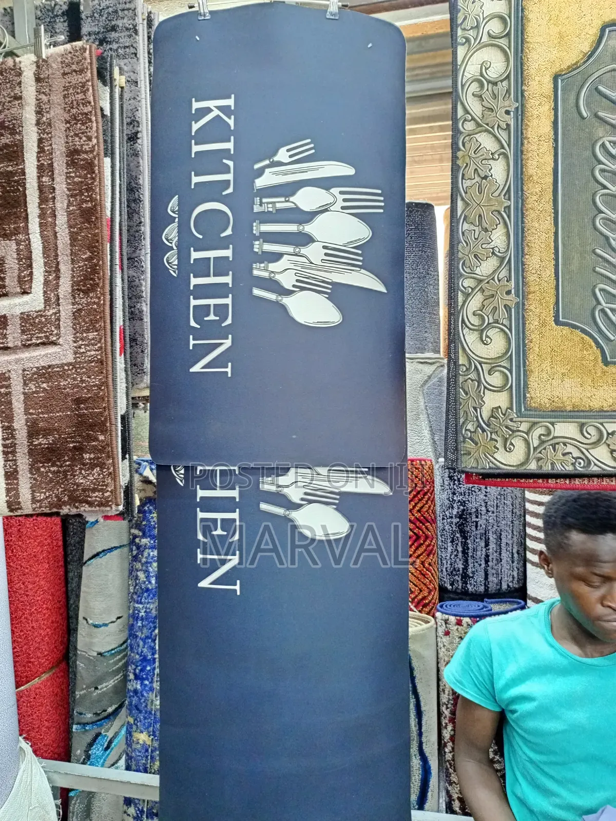 Kitchen Runner Rug Features White Cutlery Icons and Text.