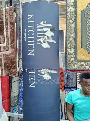 Kitchen Runner Rug Features White Cutlery Icons and Text.