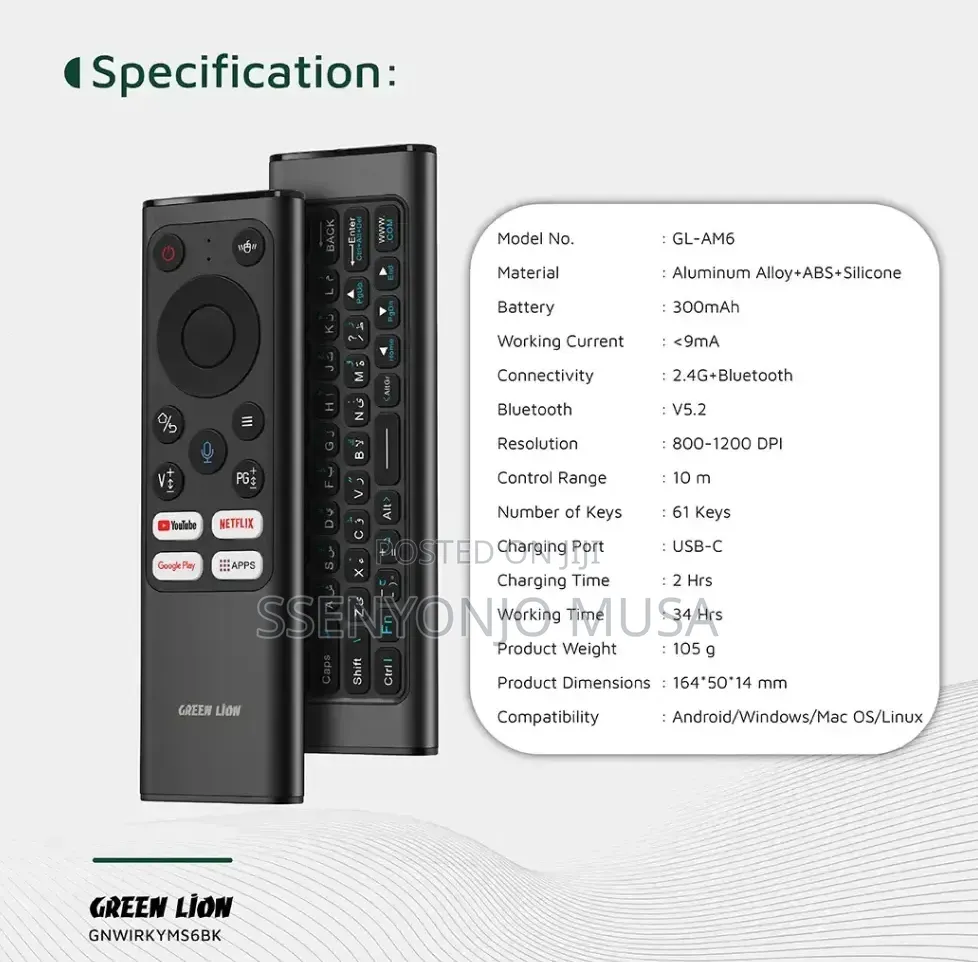 Green Lion Wireless Remote Pro With Mini Keyboard Air Mouse – Black