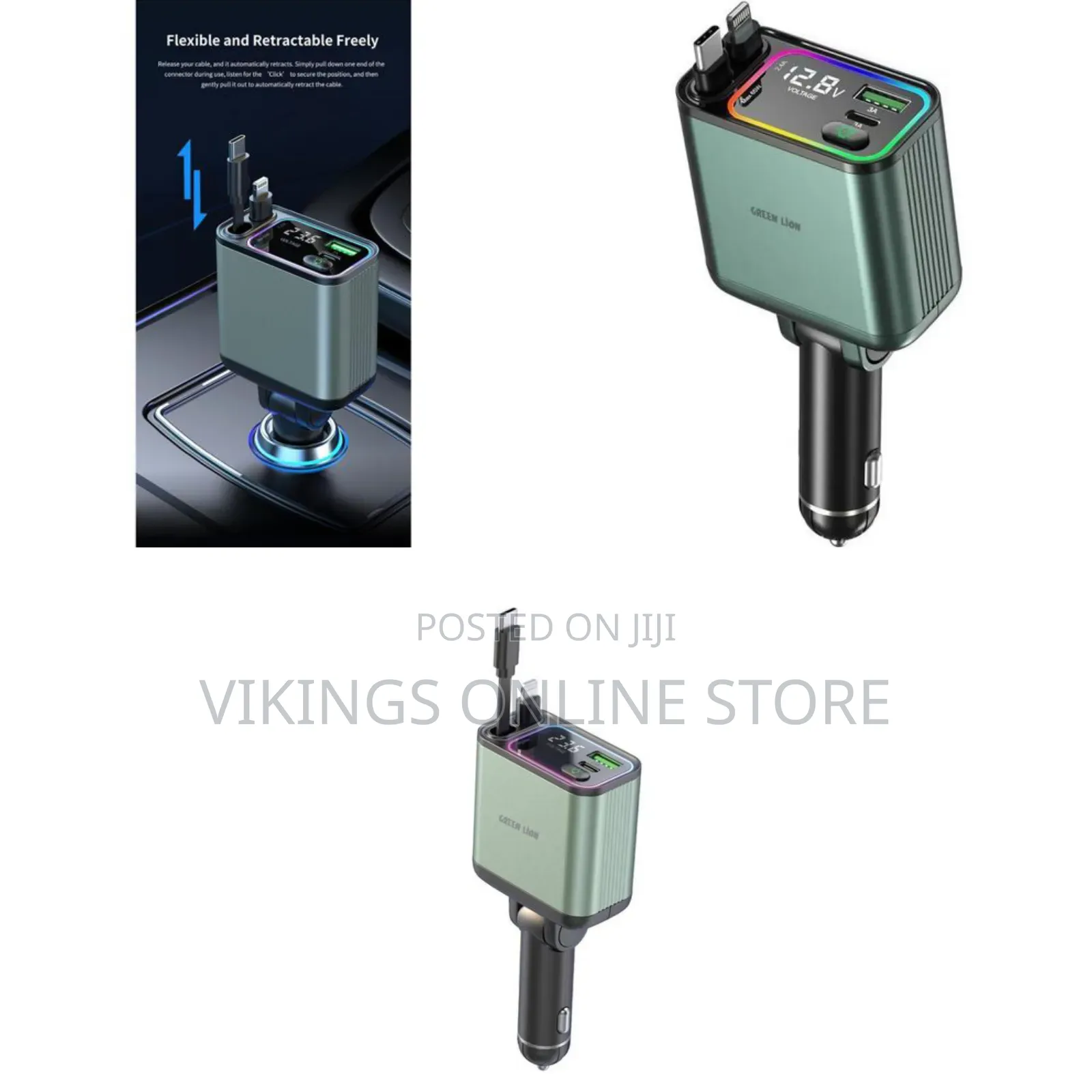 Green Lion Car Charger 90W, PD 65W, Flexible Retractable Cable Multi