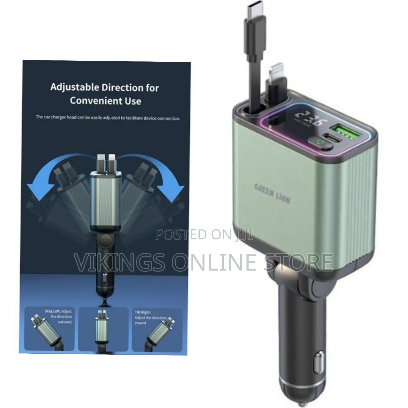 Green Lion Car Charger 90W, PD 65W, Flexible Retractable Cable Multi