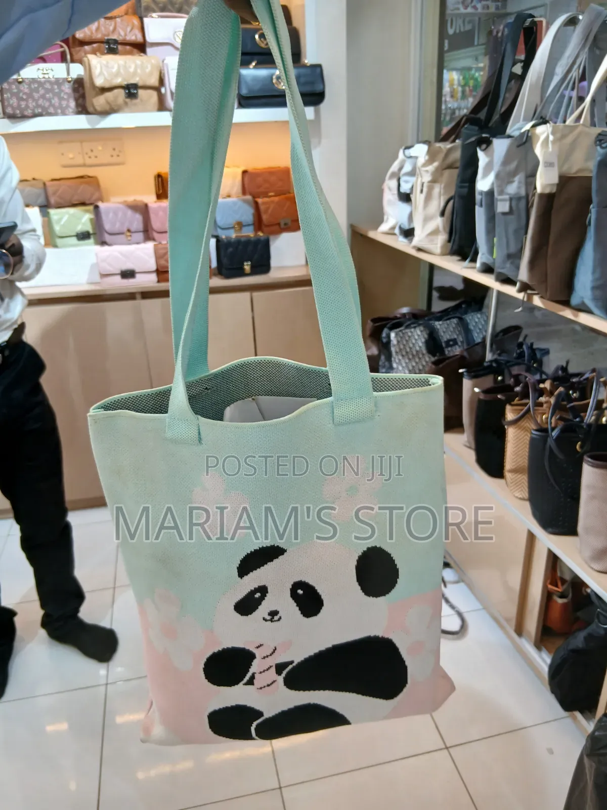 Tote Bag With a Prominent Knitted Panda Design With Soft Pastel
