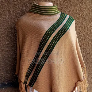 Khaki-Gray Knitted Shawl Poncho
