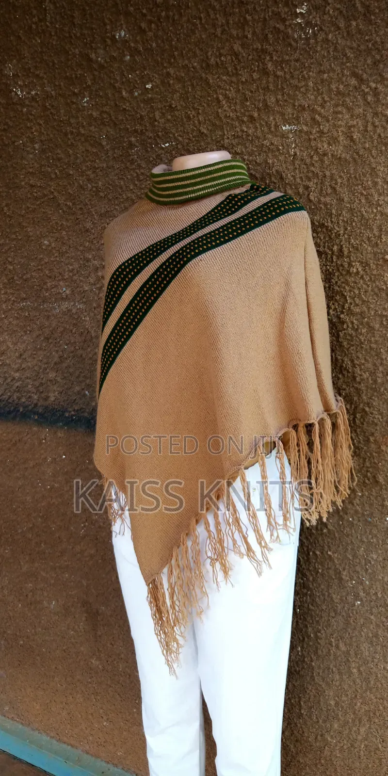 Khaki-Gray Knitted Shawl Poncho