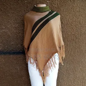 Khaki-Gray Knitted Shawl Poncho