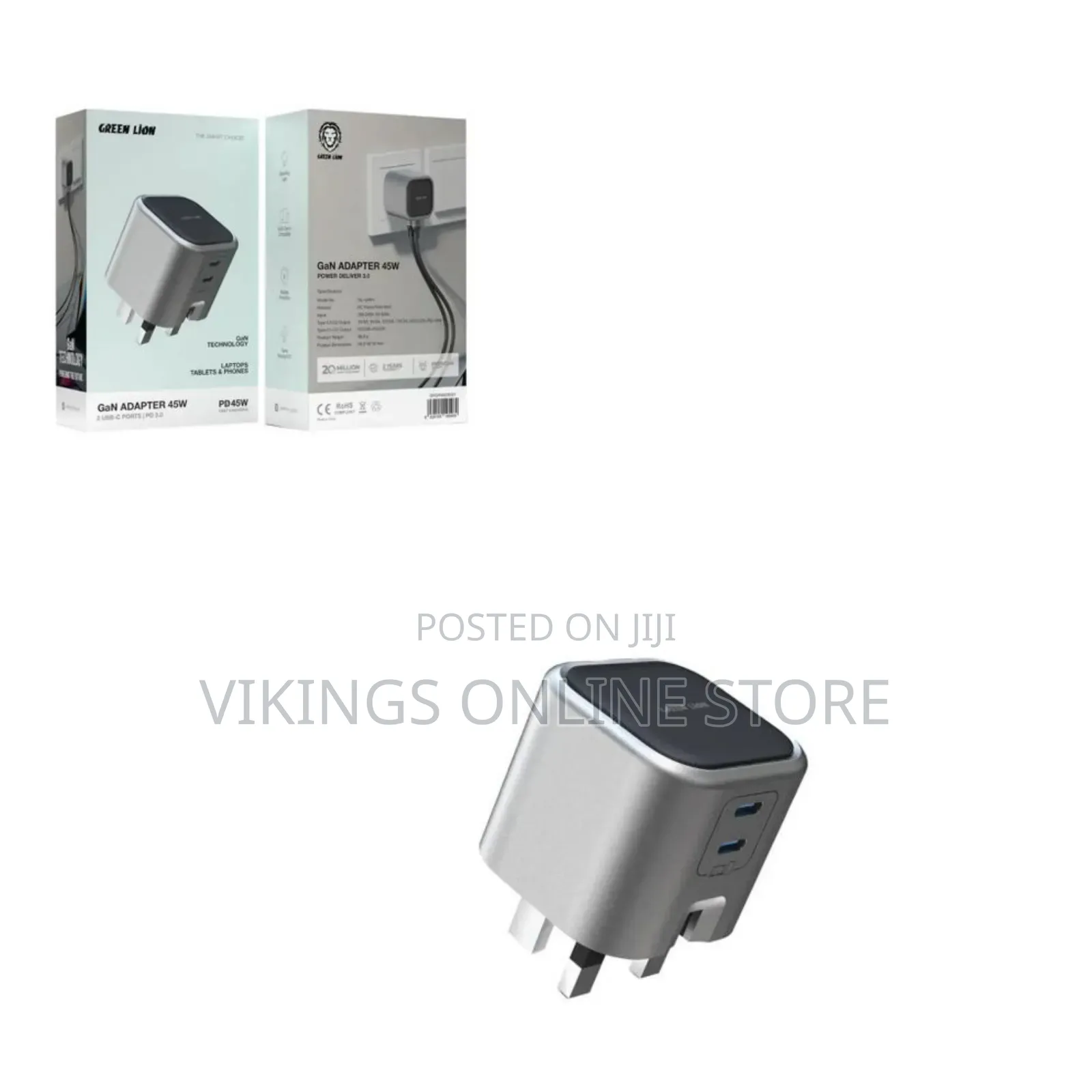 Green Lion GaN Adapter Wall Charger 45W 2 USB-C Ports PD 3.0 Fast