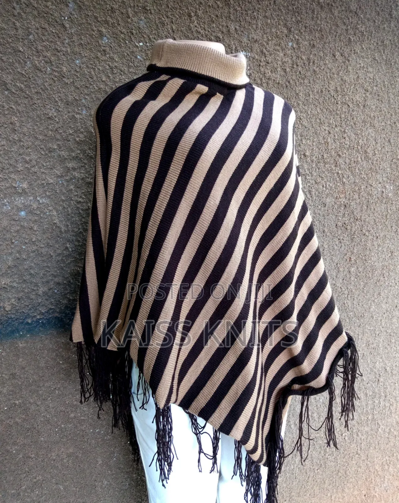 Khaki Striped Shawl Poncho