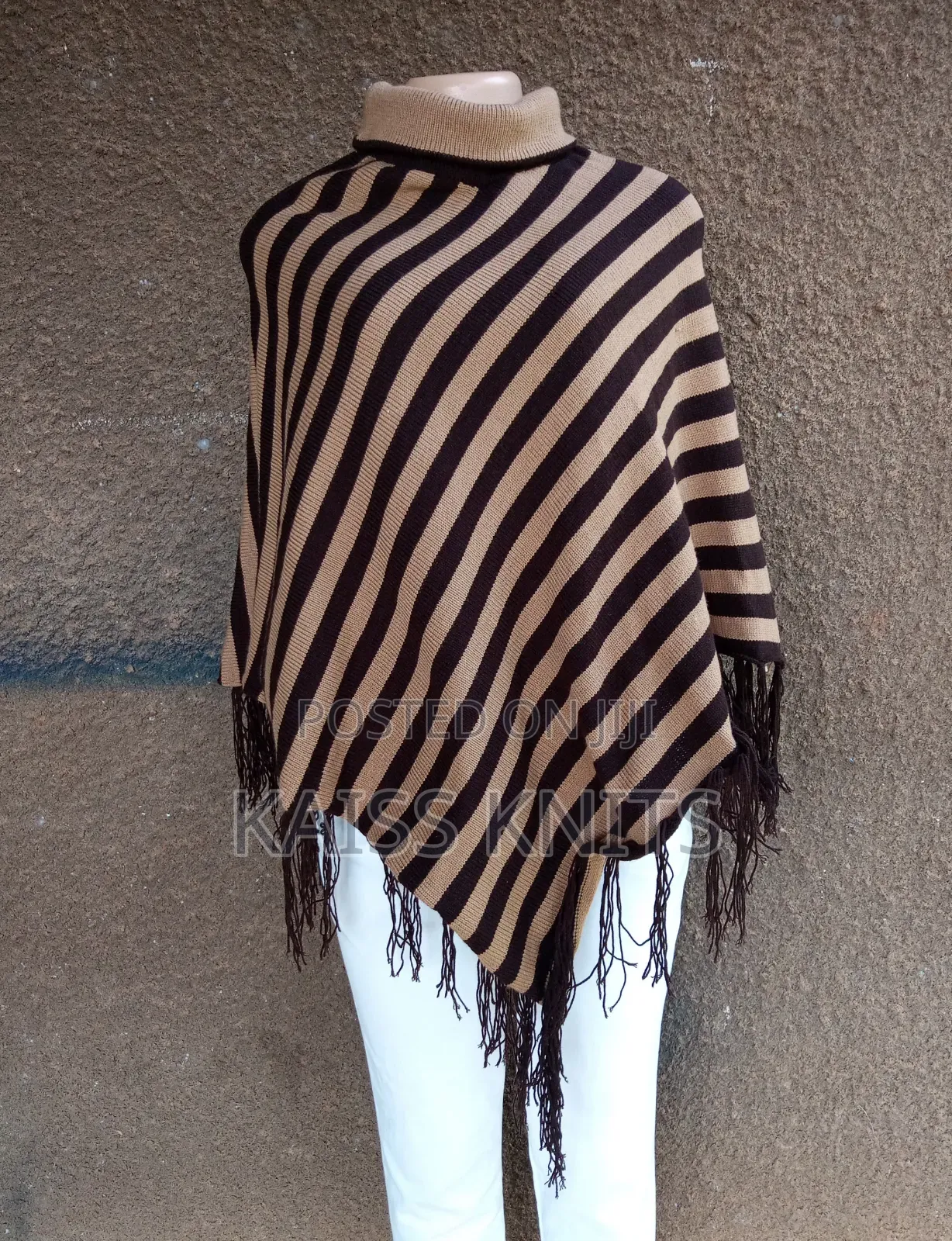 Khaki Striped Shawl Poncho