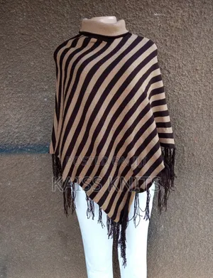 Khaki Striped Shawl Poncho